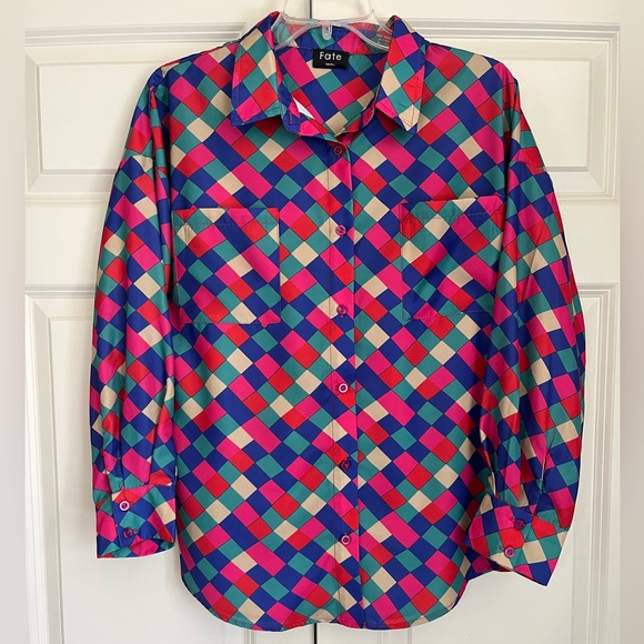 Fate Silky Color Block Button Down Top Small - Picture 1 of 9